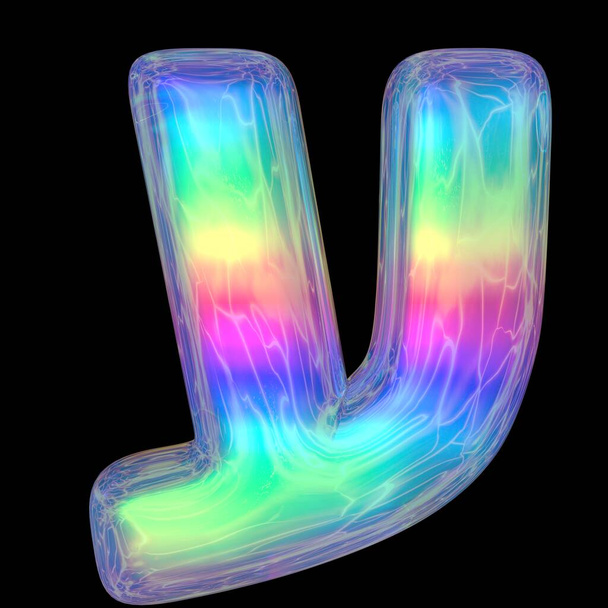 3Dレンダリングカラフルな光沢のある液体の3Dボリューメトリック文字を黒。泡の形ネオン色鮮やかな光沢のあるレタリング虹グラデーションヘブライ語の文字3Dイラスト - 写真・画像