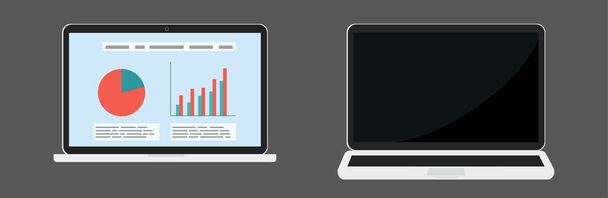 Two vector laptops different foreshortening, on and off view with financial infographic isolated - Vector, Image