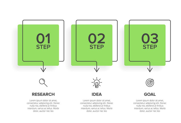 Concept van pijl business model met 3 opeenvolgende stappen. Drie kleurrijke grafische elementen. Tijdlijn ontwerp voor brochure, presentatie. Infografische vormgeving. - Vector, afbeelding