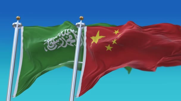 4k Seamless Saudi Arabia and China Σημαίες με μπλε φόντο τον ουρανό, Ksa Cn. - Πλάνα, βίντεο