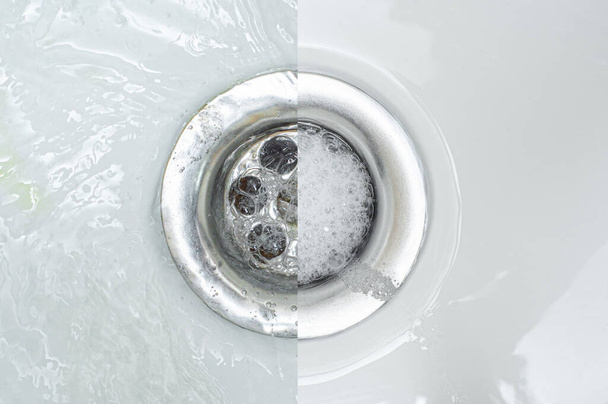 Fijación de dos fotos del agujero del desagüe del baño. Una parte con un remolino de agua, la segunda limpia y brillante
. - Foto, imagen