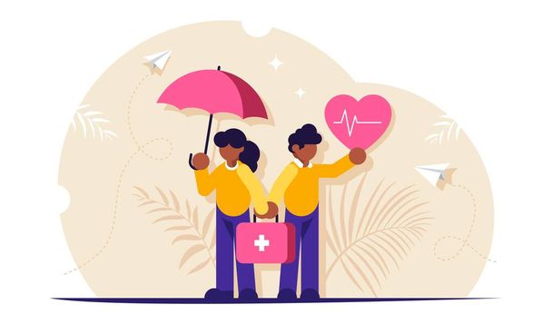 健康保険か生命は概念である。人々は健康保護を象徴する心と傘を手に立っています。現代の平面ベクトル図. - ベクター画像