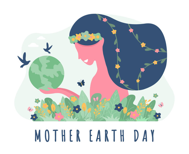 Плакат Дня Матери Земли с планетой и красотой природы женщина
. - Вектор,изображение
