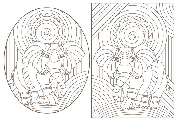 Conjunto de ilustrações de contorno de vitrais Janelas com elefantes, contornos escuros sobre um fundo branco
 - Vetor, Imagem