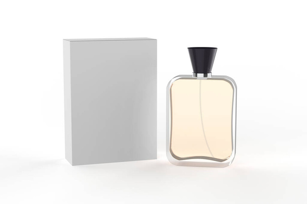 Botella de perfume de vidrio maqueta con caja de embalaje sobre fondo aislado, ilustración 3d
. - Foto, imagen