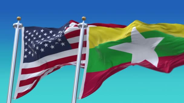 4k Vereinigte Staaten von Amerika USA und Myanmar Nationalflagge nahtloser Hintergrund. - Filmmaterial, Video