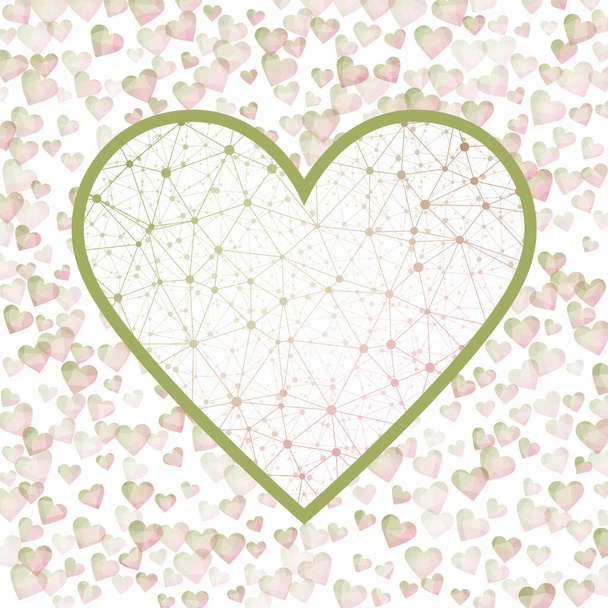 February 14 Valentine Day Sign. Geometric heart mesh in green pink color shades, green pink connections. Amazing network style vector illustration. - Vector, Image