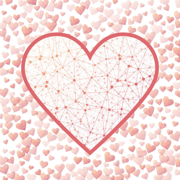 Cyber Love concept. Geometric heart mesh in orange pink color shades, orange pink connections. Appealing network style vector illustration. - Vektori, kuva