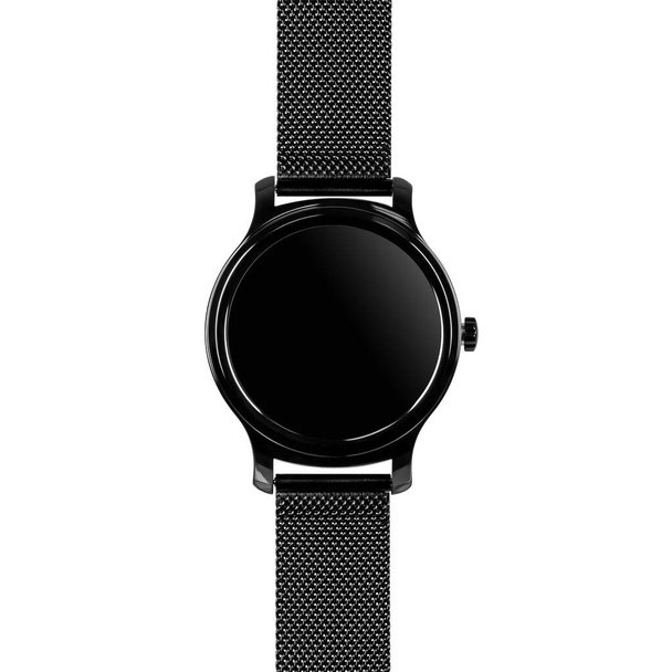 Ασύρματο έξυπνο ρολόι σε στρογγυλή γυαλιστερή μαύρη θήκη σε μεταλλικό λουράκι με λευκή οθόνη για λογότυπο σε λευκό φόντο. Πρόσθια όψη - Φωτογραφία, εικόνα