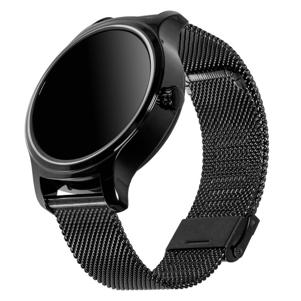 Draadloos slim horloge in een ronde glanzende zwarte kast op een metalen band met een leeg scherm voor een logo op een witte achtergrond. Driekwart uitzicht - Foto, afbeelding