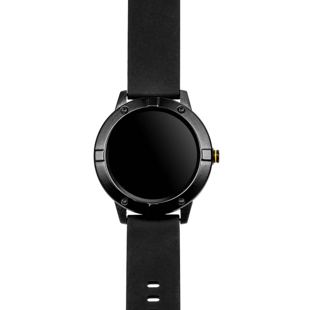 Montre intelligente sans fil dans un boîtier rond noir mat sur bracelet en silicone sur fond blanc. Vue de face
 - Photo, image