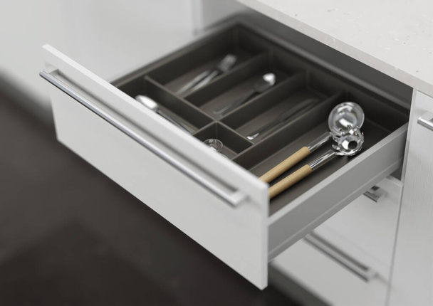 Открытый кухонный ящик с варочными панелями. Хранение и организация кухни. 3d-рендеринг
. - Фото, изображение