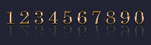Goldene Zahlen 1,2,3,4,5,6,7,8,9,9 auf grauem Hintergrund - Foto, Bild