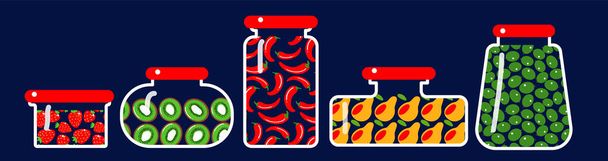 клубника, перец чили, груши, киви и оливки фрукты и овощи в банках векторные иллюстрации
  - Вектор,изображение