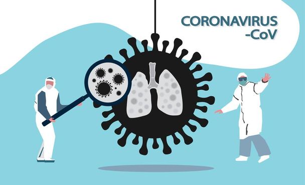 Doctor in a protective suit and mask shows coronavirus CoV in lungs. Virus in China. Health and medicine concept. Flat vector stock illustration. Human sickness.Colds and inflammation. Pneumonia Stop. - Vector, Image