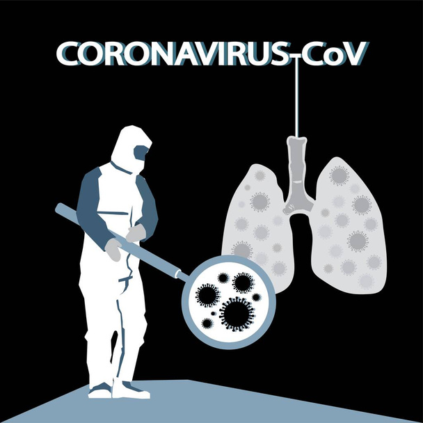 Coronavirus CoV in lungs isolated. Symptoms. Health and medicine. Virus in China. Flat vector stock illustration.Website horizontal banner.Human sickness.Colds and inflammation.Pneumonia Stop.Cartoon. - Vector, Image