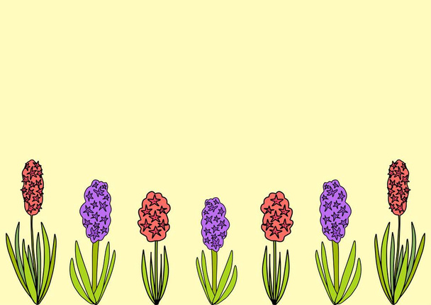 Horizontale lente achtergrond met gekleurde bloemen hyacinten geïsoleerd op pastelgele achtergrond.Kopieer ruimte.Plaats voor tekst.Vector voorraad template.Ontwerp scrapbooking, uitnodiging, banner, poster, ansichtkaart. - Vector, afbeelding