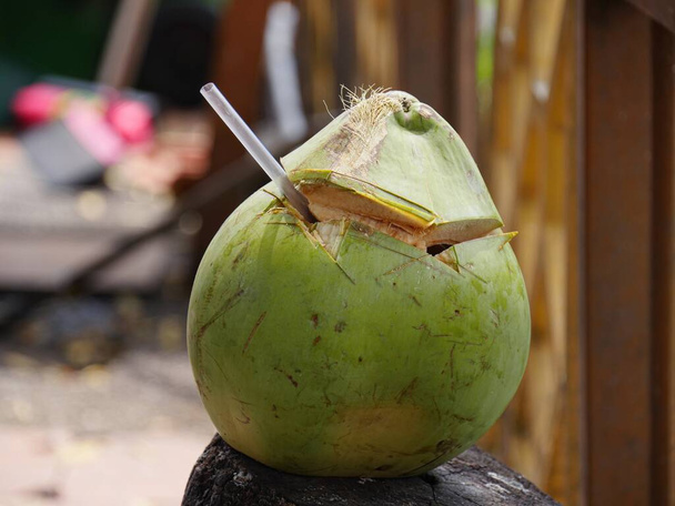 Fresh coconut juice from a coconut fruit with straw  - Photo, Image