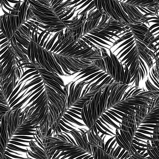 Бесшовный узор, черно-белые пальмовые листья. Тропический узор, ботанический фон. Модный дизайн для ткани, текстильной печати, оберточной бумаги. Векторная иллюстрация
 - Вектор,изображение