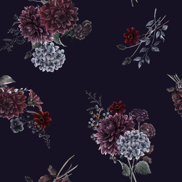水彩の濃い青、赤、黒のダリアのアジサイの花と美しいベクトルシームレスなパターン。ストックイラスト. - ベクター画像