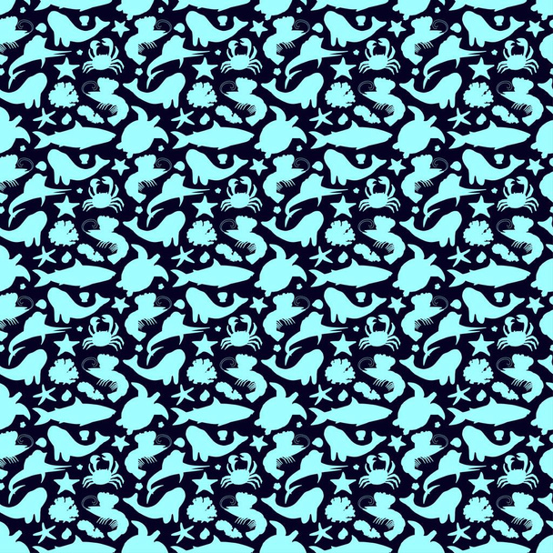 Modèle sans couture avec les animaux de l'océan et les algues dans le dessin animé isolé sur fond bleu.Silhouette simple.Illustration vectorielle.Poisson de marlin, tortue, crevettes, requin, baleine, crabe. Menu restaurant, textile, impression
 - Vecteur, image