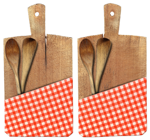 Tabla de cortar con cucharones y mantel
 - Foto, Imagen