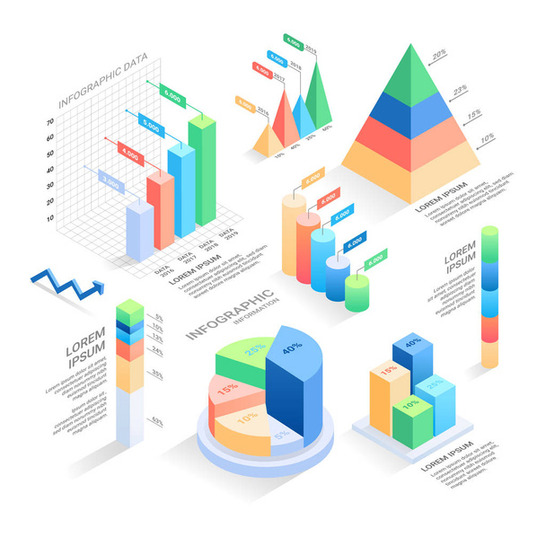 set of Isometric Infographic Elements - bar and line charts, percentages, pie charts. 3D Vector Illustration. - Vector, Image