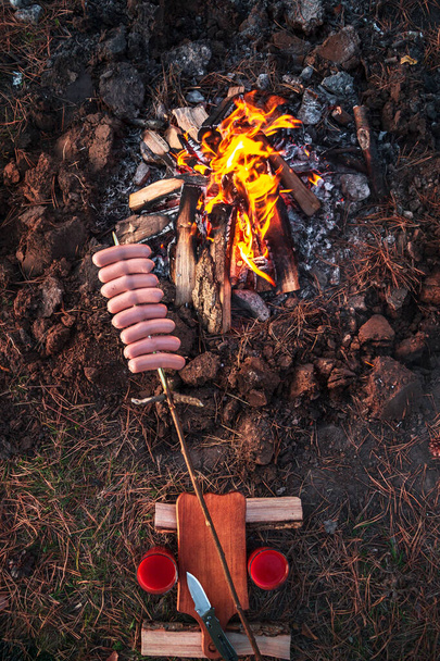 meat and tomato juice over an open fire in the forest late at night at sunset - Foto, afbeelding