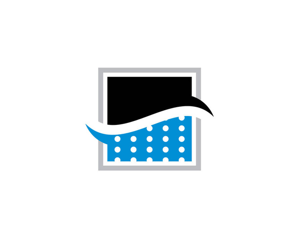 vierkant tweekleurig logo met golfstroom water en druppeltjes die filtratieproces tonen - Vector, afbeelding