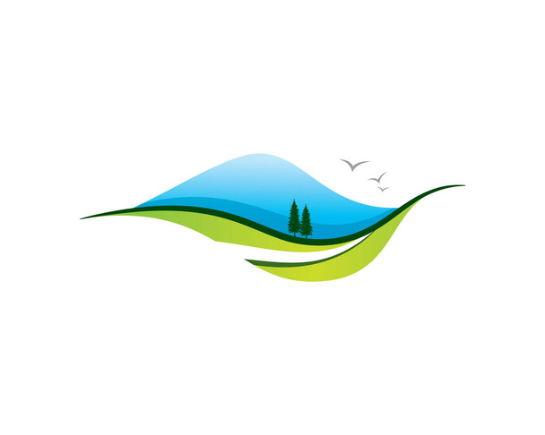 blaue Berghügel Wiese und Fluss natürliche Landschaft Landschaft mit Vögeln  - Vektor, Bild