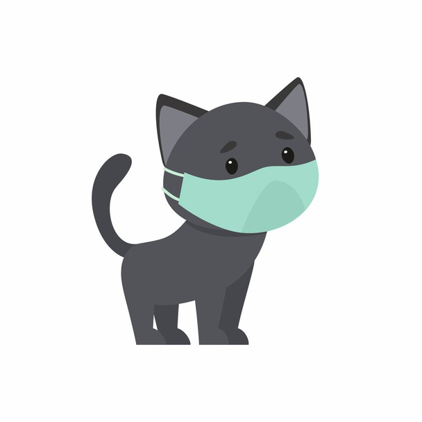 Yüzünde koruyucu maske olan siyah bir kedi yavrusu. Solunum hastalıklarına ve alerjilere karşı koruma kavramı. Beyaz arkaplanda vektör illüstrasyonu. - Vektör, Görsel