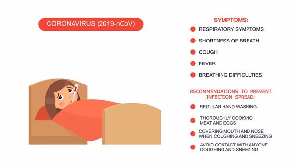 Petite fille malade avec thermomètre au lit. Infographie liste des recommandations pour la protection contre le coronavirus, symptômes du coronavirus. Illustration vectorielle sur fond blanc
. - Vecteur, image