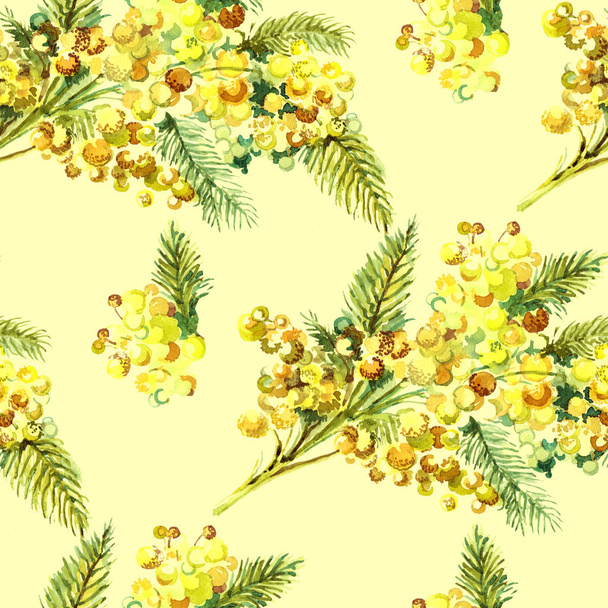 Akvarel jarní kytice květiny. Mimosa na žlutém pozadí. Bezešvé květinové vzory. - Fotografie, Obrázek
