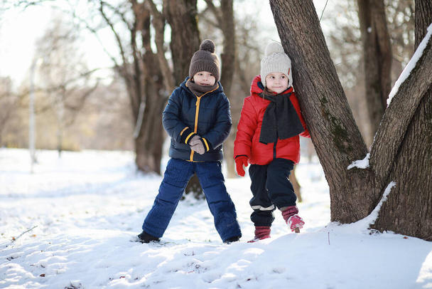 スノーと一緒に冬の公園で遊ぶ子供たち - 写真・画像