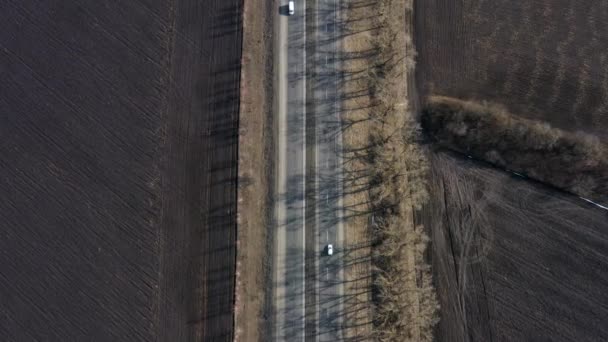 Aerial View Above Road in Black Earth Field in Spring With Cars. Aerial Top View Over Straight Road With Cars in Countryside field. - Séquence, vidéo