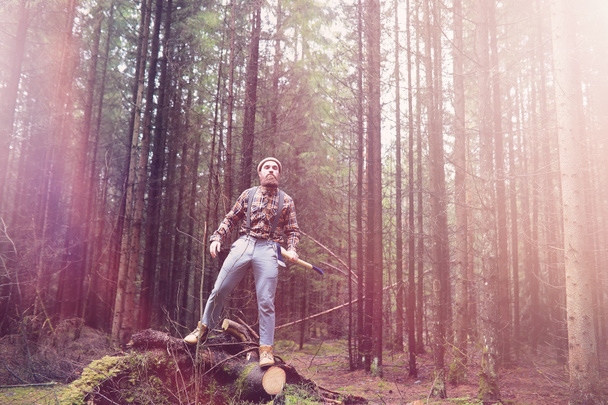 Een bebaarde houthakker met een grote ax onderzoekt de boom voor kappen - Foto, afbeelding