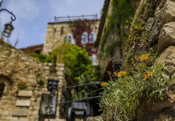 Kamenný exteriér starých budov s květinami na ulicích vesnice Eze, malebné středověké město v jižní Francii podél Středozemního moře - Fotografie, Obrázek