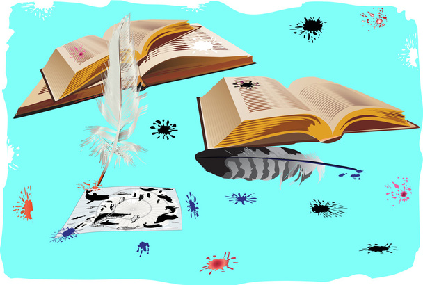 βιβλία, φτερό και λεκέδες σε μπλε φόντο - Διάνυσμα, εικόνα