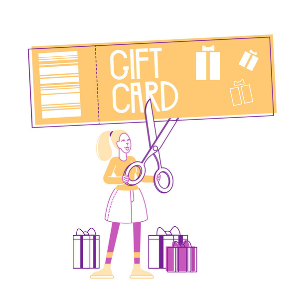 Sale and Discount Concept. Tiny Female Character Cutting with Scissors Huge Gift Card. Happy Woman Shopping Recreation - Vektor, obrázek
