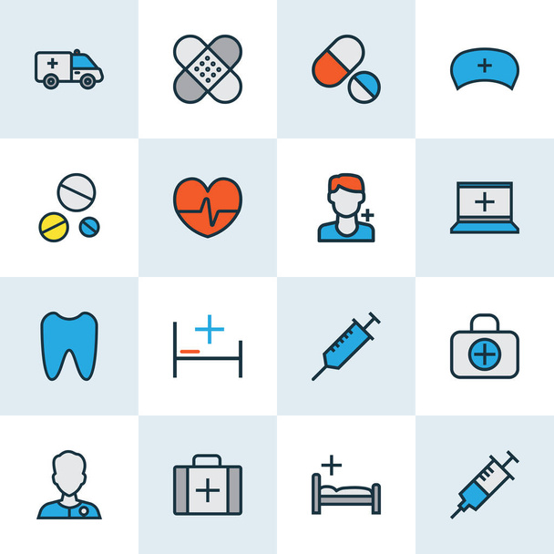 Drug icons colored line set with enamel, medicine chest, medical worker and other syringe elements. Isolated illustration drug icons. - Photo, Image