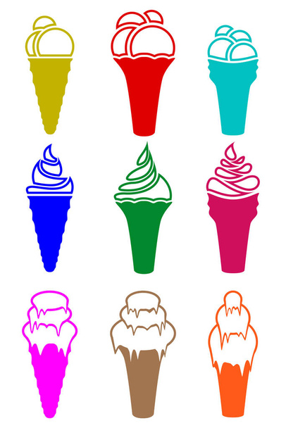 Un ensemble de neuf images de crème glacée. Art créatif. Images pour différents restaurants et autres établissements. Illustration vectorielle
. - Vecteur, image