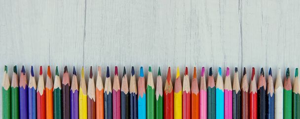 Brand advertising marketing strategy identity business concept. Colorful pencils in a row - Foto, Imagen
