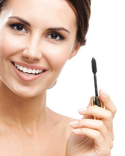 Young woman with cosmetics brush, isolated - Photo, Image