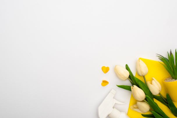 top view of spring tulips and green plant near yellow cleaning supplies and hearts on white background - Photo, Image