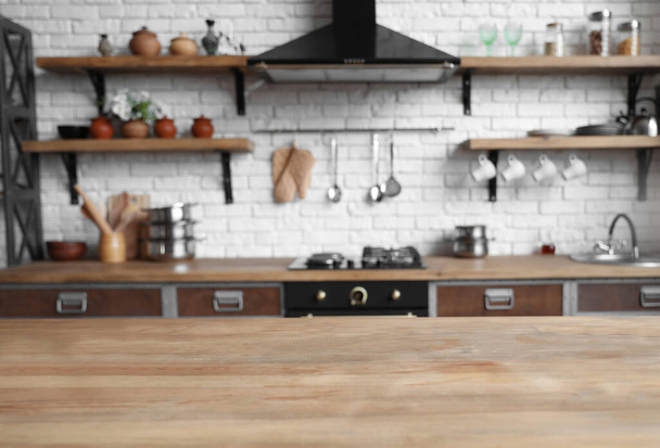 Empty wooden table in beautiful kitchen. Interior design - Fotografie, Obrázek