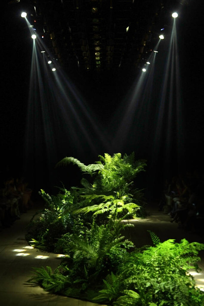 Viele Par-Led-Lichtstrahlen Scheinwerfer bewegliche Beleuchtung an der Decke der Regalkonstruktion, für die Modenschau Event Performance in der dunklen Halle für die Modenschau Holzboden Gartenbusch - Foto, Bild