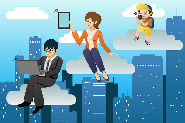 Menschen mit verschiedenen mobilen Geräten in der Cloud Computing-Umgebung - Vektor, Bild