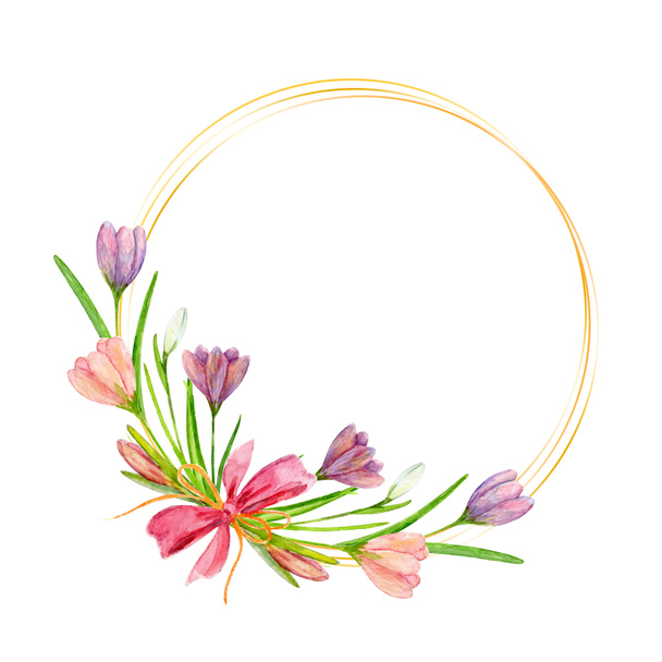 Watercolor flowers background. Circle golden wreath with spring flowers, crocuses, and pink ribbon. Easter frame, mother's day card. Hand drawn spring flowers isolated on the white background.  - Foto, Bild