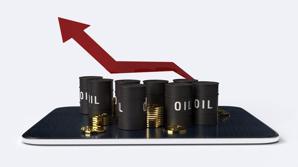 石油ビジネスコンテンツのための赤い矢印を指して油タンク3Dレンダリングイメージ. - 写真・画像