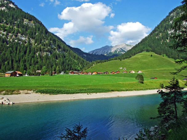 Sztuczne jezioro Ganglesee lub Gaenglesee nad potokiem Valunerbach (lub Valuenerbach) oraz w Saminatalnej dolinie alpejskiej - Steg, Liechtenstein - Zdjęcie, obraz